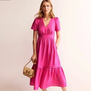 Boden Eve Linen Short Sleeved V-Neck Midi Dress in Pop Pansy Pink, 14R